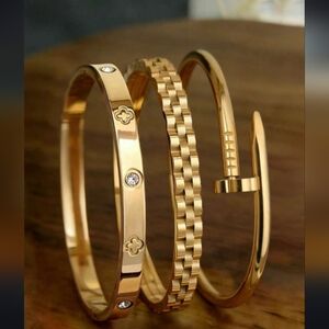 18K Gold Plated Yellow Gold-Tone Women's Bracelet Stack - 3-Piece Elegant Set